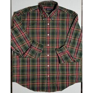 Nautica Long Sleeve Button Down Green/Red Plaid Cotton Casual Shirt Men's Medium